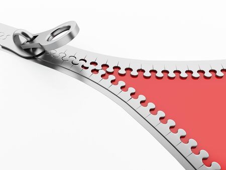 3d renderer image. Zipper open with red. Isolated white background.の写真素材