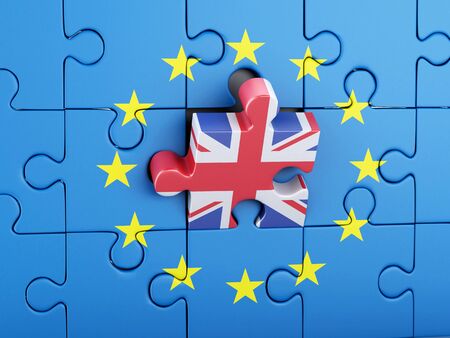 3d renderer illustration. Puzzle with Great Britain and European Union flag. Brexit concept.の写真素材