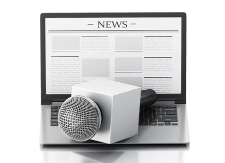 3d renderer image. News microphone and laptop with news article. Isolated white background.の写真素材