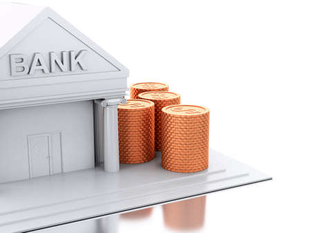 3d renderer image. Bank building with money coins. Isolated white background.の写真素材
