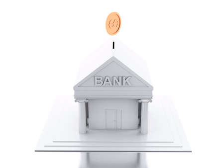 3d renderer image. Bank building with money coin. Isolated white background.の写真素材