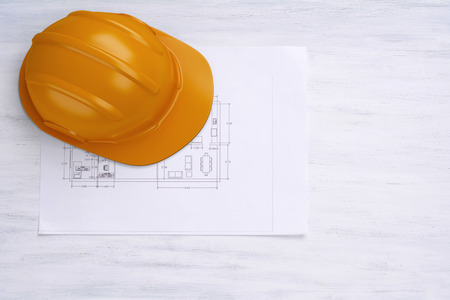 House plan and helmet. Architecture concept.の写真素材