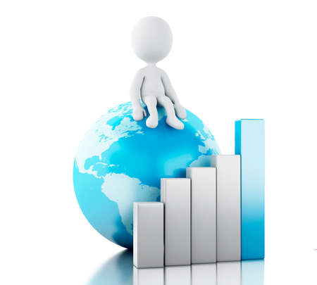 3d renderer image. White people on top of globe with growth chart. Business and economy concept. Isolated white background.の写真素材