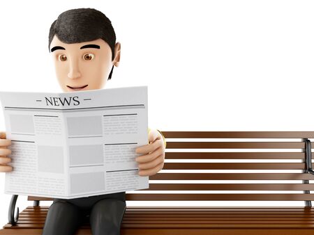 3d illustration. People reading a newspaper on a wooden bench. Isolated white backgroundの写真素材