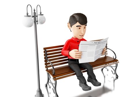 3d illustration. People reading a newspaper on a wooden bench. Isolated white backgroundの写真素材