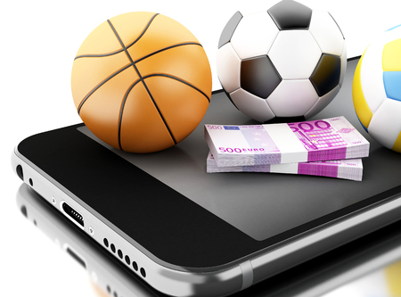 3d renderer image. Smartphone with sport balls and money. Betting concept. Isolated white background.の写真素材