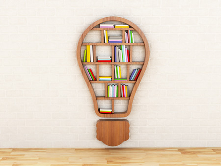 3d renderer image. Wooden bookshelf in form of bulb. Inspiration, creative and new idea concept.の写真素材