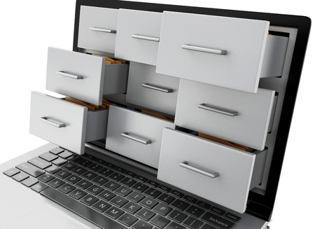 3d renderer image. Files and folders in laptop. Archive concept. Isolated white background.の写真素材