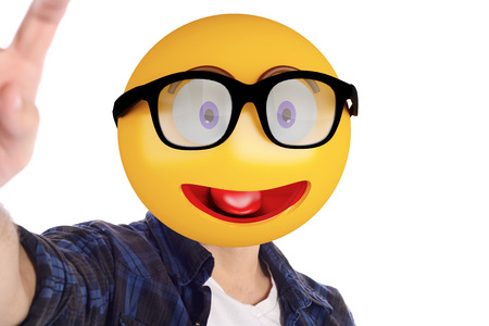 Portrait of an emoji head man taking selfie. Isolated white background.の写真素材