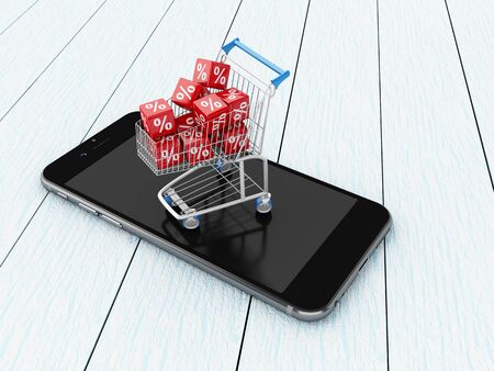 3D Illustration. Shopping cart with discount icons on smartphone. Shop online concept.