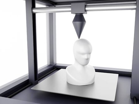 3D Illustration. Three dimensional printer prints model of human head. New technology concept. Isolated white background.の写真素材