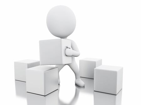 3D Illustration. White people with cubes. Hard work concept. Isolated white background.の写真素材