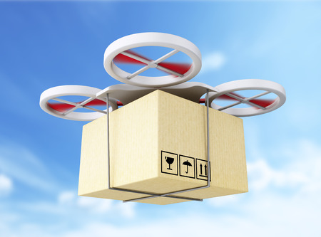 3d renderer image. Drone carrying a cardboard box. Delivery concept.の写真素材