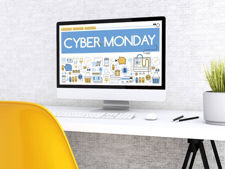 3D illustration. Modern workspace and computer with word CYBER MONDAY. Shop online concept.の写真素材