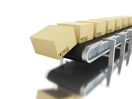 3d renderer image. Cardboard boxes on conveyor belt. Global shipping and delivery concept. Isolated...