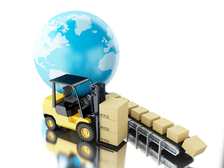 3d renderer image. Cardboard boxes on conveyor belt. Global shipping and delivery concept. Isolated white background.の写真素材