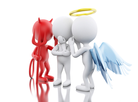 3D Illustration. White people contemplation a decision with Angel and Devil. Isolated white background.の写真素材