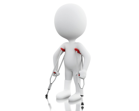 3d renderer image. White people on crutches. Isolated white background.の写真素材