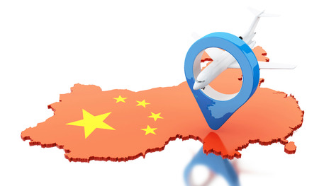 3d renderer image. China map with map pointer and airplane. Travel concept. Isolated white backgroundの写真素材