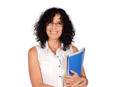 Portrait of beautiful school teacher holding books. Education concept. Isolated white background.