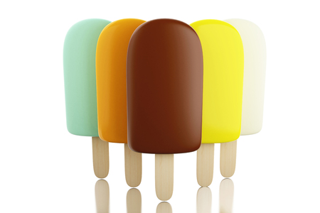3d illustraton. Set of chocolate popsicles filled with cream. Summer food concept. Isolated white backgroundの写真素材