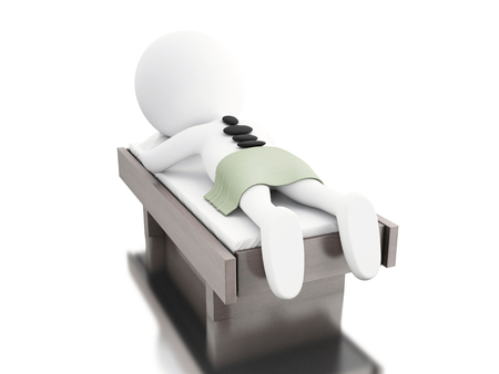 3d ilustration. White people relax on spa with hot stones on body. Beauty Treatments concept. Isolated white backgroundの写真素材