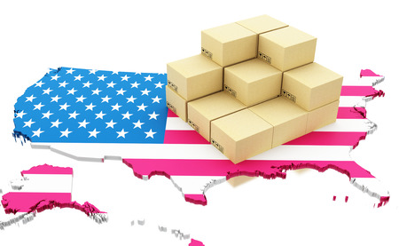 3d render image. Usa map with cardboard boxes. Global Shipping and on line shopping concept. Isolated white backgroundの写真素材