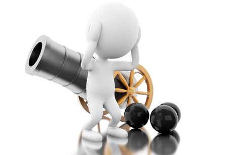 3d illustration. White people with old cannon and cannonballs. Isolated white backgroundの写真素材