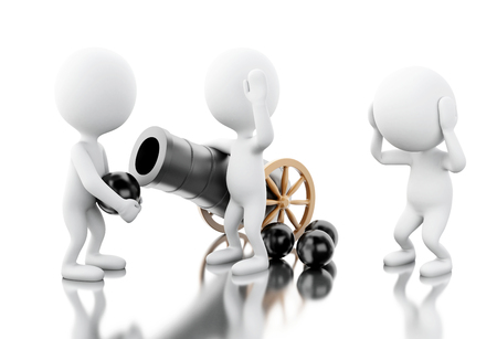 3d illustration. White people with old cannon and cannonballs. Isolated white backgroundの写真素材
