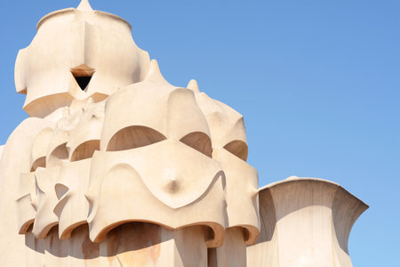 BARCELONA, SPAIN - APRIL 6, 2017: Gaudi chimneys at Casa Mila, La Pedrera in Barcelonaのeditorial素材