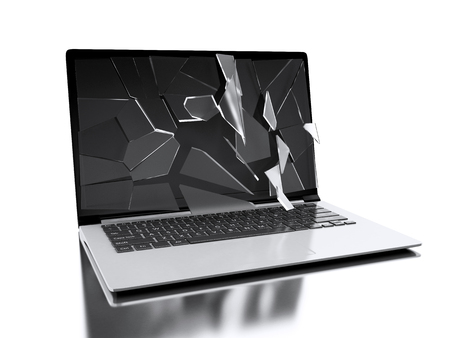 3d renderer illustration. Laptop with broken screen. Technology concept. Isolated white backgroundの写真素材