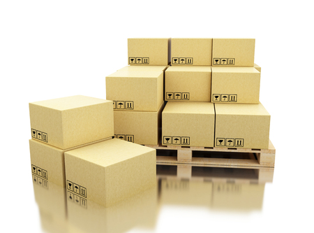 3d render ilustration. Cardboard boxes on pallet.  Delivery and transportation package concept. Isolated white backgroundの写真素材