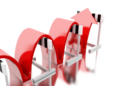 3d illustration. Arrow jumping over hurdles. Success in business. Isolated white background.の写真素材