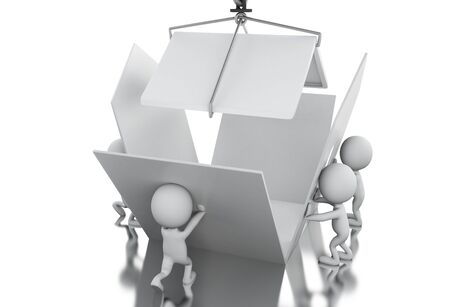 3d illustration. White people building a house. Teamwork concept. Isolated white backgroundの写真素材