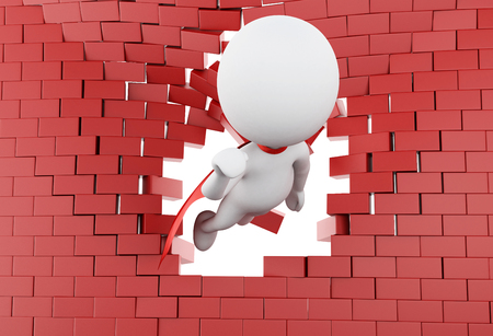 3d illustration. Super hero with red cape flying through broken brick wall.の写真素材