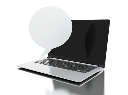 3d illustration. Laptop computer with empty bubble speech. Social networking concept. Isolated white backgroundの写真素材