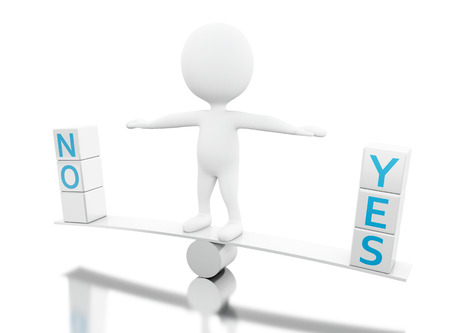 3d illustration. White people on a balance with the words Yes and No. Choice concept. Isolated white backgroundの写真素材