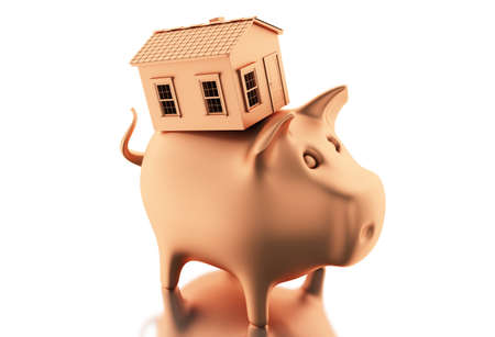 3d illustration. Piggy bank with coins and house. Home savings concept. Isolated white backgroundの写真素材