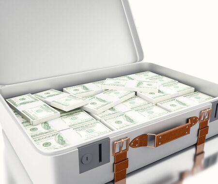 3d illustraton. Suitcase full of money. Isolated white backgroundの写真素材