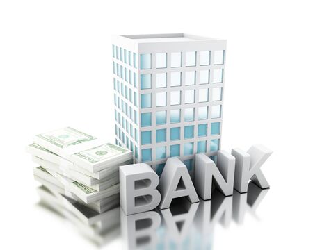 3d illustration. Bank building with stack of bills. Savings business concept. Isolated white backgroundの写真素材