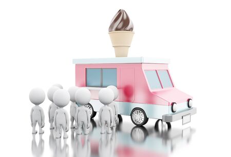 3d illustration. Ice cream food truck with white people waiting in line. Fast food concept. Isolated white backgroundの写真素材