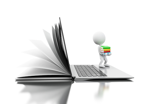 3d illustration. Open book turns into an open laptop with white people. E-learning, digital library and online education concept. Isolated white backgroundの写真素材