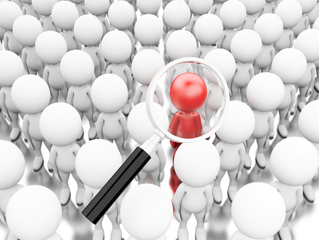 3d illustration. Magnifying glass picking up a new worker. Hiring people concept. Isolated white backgroundの写真素材