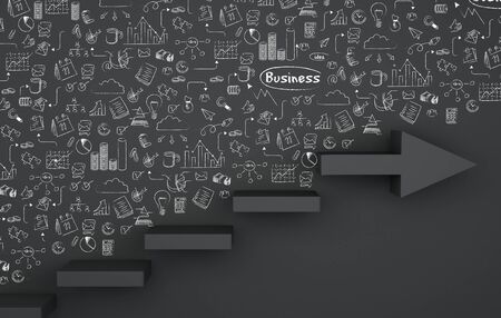 3d illustrsation. Staircase arrow with drawing business sketch. Growth and progress conceptの写真素材