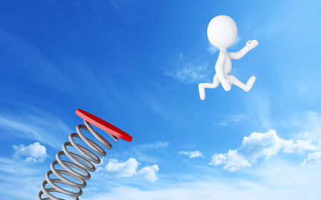 3d illusrtaion. White people jumping on springboard on blue sky background. Success in business concept.の写真素材
