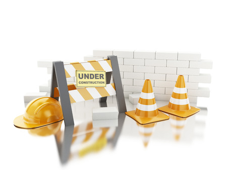 3d renderer image. Traffic cones, Helmet and brick wall. Under construction concept. Isolated on white backgroundの写真素材