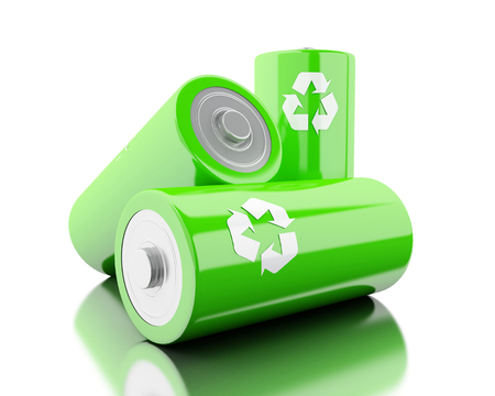 3d illustration. Stack of green batteries with recycling symbol. Eco energy concept. Isolated white backgroudの写真素材