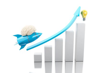3d illustration. Rocket with brain and lightbulb on the top of bar graph. Success bussiness concept concept. Isolated white backgroundの写真素材