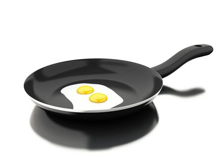 3d illustration. Frying pan with egg. Food concept. Isolated white backgroundの写真素材