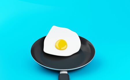 3d illustration. Frying pan with egg. Food concept. Isolated on light blue backgroundの写真素材